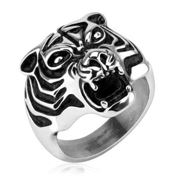 R-H4661, Fingerring aus Edelstahl, poliert, mit Tigermaske